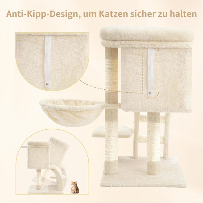 Кігтеточка для котів Heybly Kratzbaum 75 см з платформою, печерою, гамаком, драбиною та іграшками, бежева HCT009SM