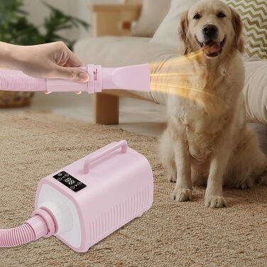 Пилосос для шерсті собак і котів з LED-підсвічуванням та сенсорним екраном, 9 режимів, регулювання повітря та температури, 3 насадки, рожевий