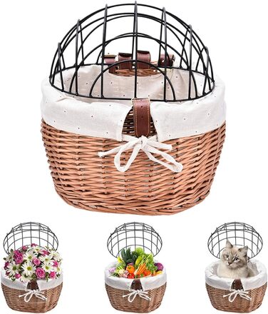 Кошик для велосипеда для тварин, 30x25x30 см, кошик на переднє колесо, дріт-сітка зверху, знімний переносник для домашніх тварин, плетіння з лози, кріплення на кермо, переноска для собак та котів для велопрогулянок, поїздок та покупок на свіжому повітрі