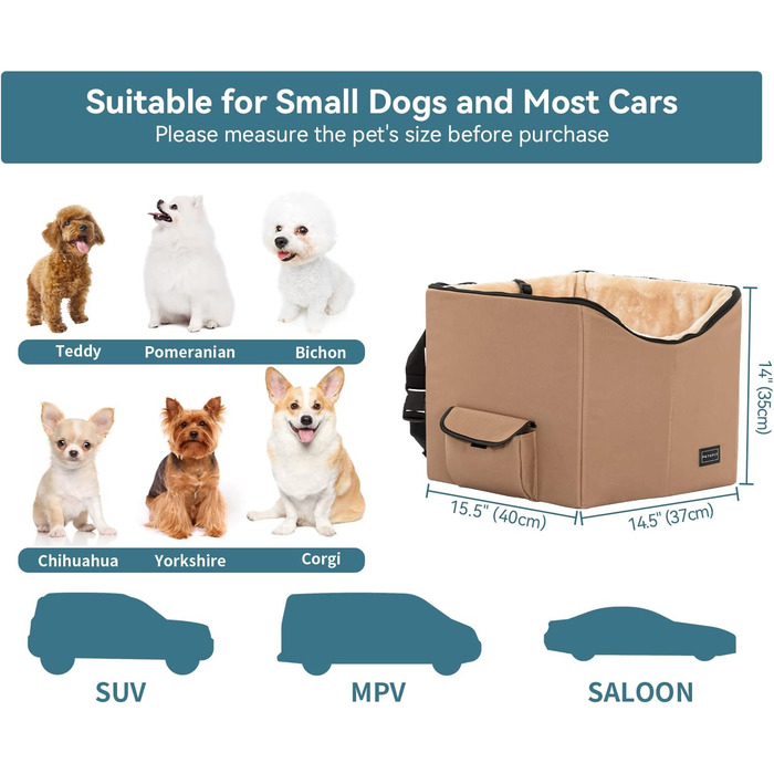 Автокрісло для маленьких собак Petsfit, знімне, з двостороннім матрацом, для заднього сидіння, з ременями безпеки та кишенею, розмір S, колір хакі