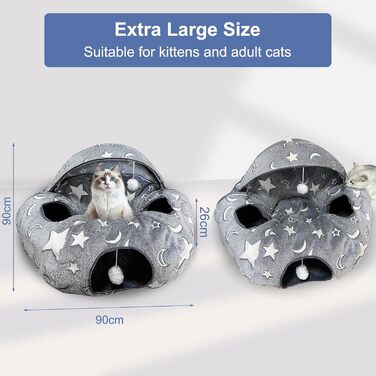 Кішка ліжко з підсвіткою, великий плюшевий тунель для котів з м'ячиком, велика шуршача печера для котів, іграшка для котів, кроликів або цуценят, сірий колір + світиться в темряві