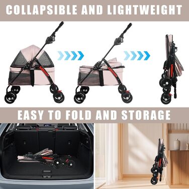 Дитяча коляска для тварин з відкидним відсіком для собак та котів, модель Jogger з кошиком для зберігання та тримачем для напоїв, 4 колеса, для собак та котів середніх та маленьких порід, з тримачем для напоїв (B, JY-Pink)