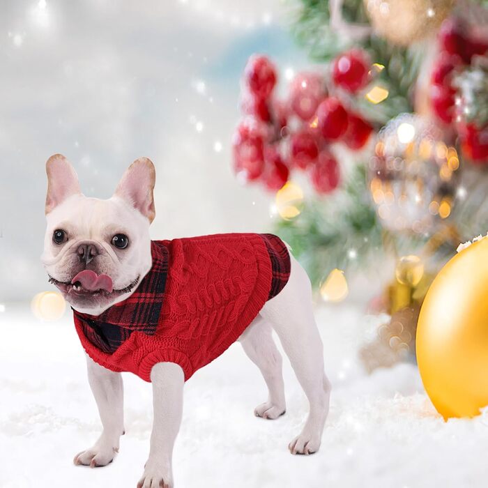 Теплий собачий светр у клітинку з коміром-горловиною та отворами для повідка – зимовий одяг для собак маленьких, середніх та великих порід. Светр для котів на Різдво, червоний, розмір M, червоний