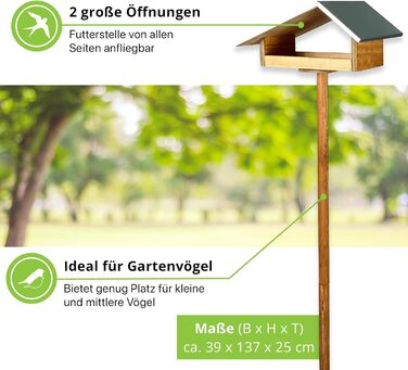 Дизайнерська годівниця для птахів GARTENETAGE з металевим дахом, дерев'яна, на стійці, для саду, стійка до негоди