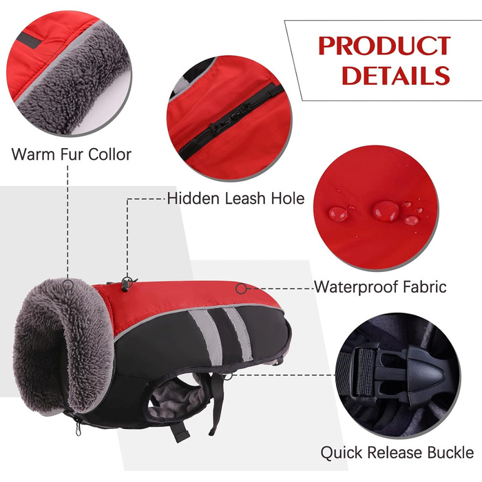 Водонепроникний зимовий теплий одяг для собак QBLEEV: куртка, жилет, теплий одяг з флісу для холодної погоди (червоний, чорний, 3X-Large)