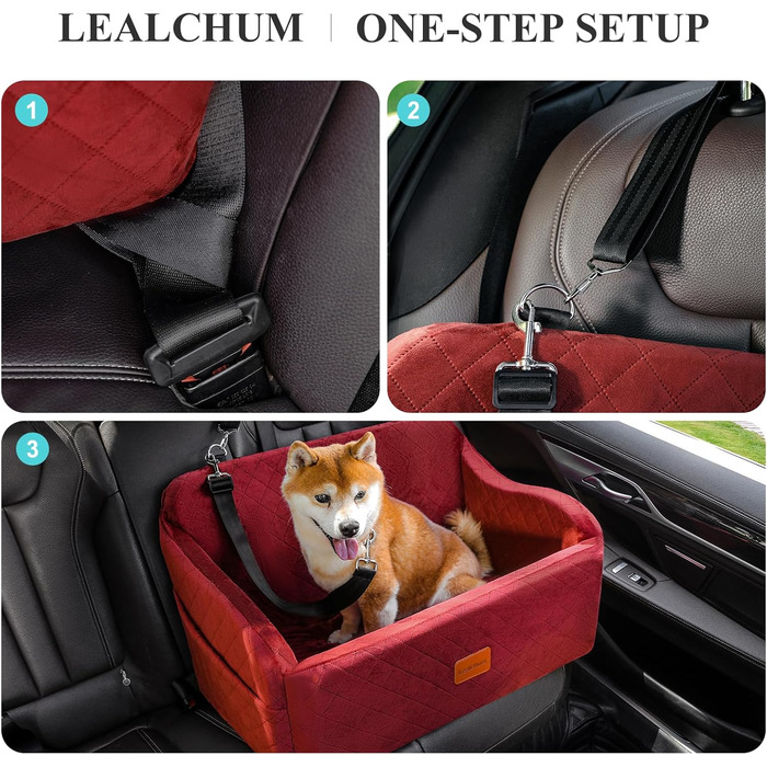 Автокрісло для собак великих порід, м'яка тканина, Memory Foam, 2 страхувальні ремені, червоний колір, великий розмір