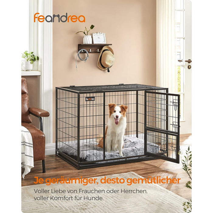 Клітка для тварин Feandrea, міцна, переносна, 107 x 70 x 75 см, для великих тварин, з 2 дверцятами, XL, чорна