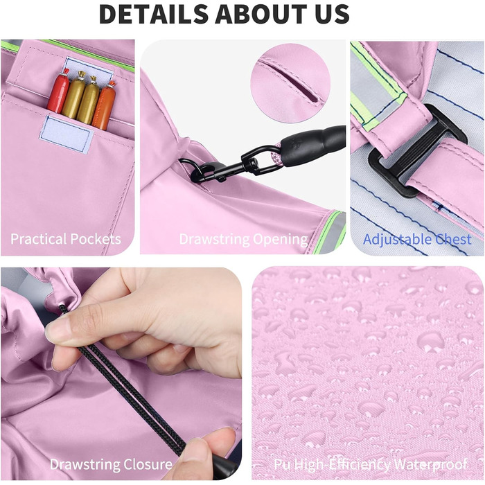 Дощовик для собак PETCUTE з капюшоном, водонепроникний, з світловідбиваючими смугами, регульований, для малих, середніх та великих собак, рожевий S