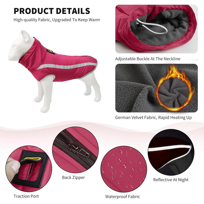 Водонепроникний теплий зимовий одяг для собак середніх та великих порід PETCUTE (3XL, обхват грудей 67 см, обхват спини 50 см) Рожевий