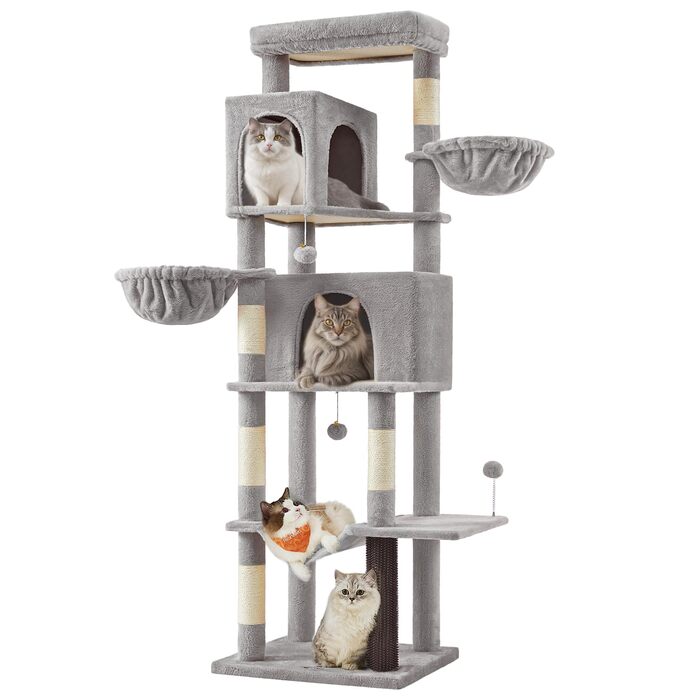 Декілька поверхів, великий котячий будиночок Feandrea з 2 печерами, 2 лежаками, 5 стовпчиками для дряпання, щіткою для котів та великою платформою (190 см), PCT182G02, сірий