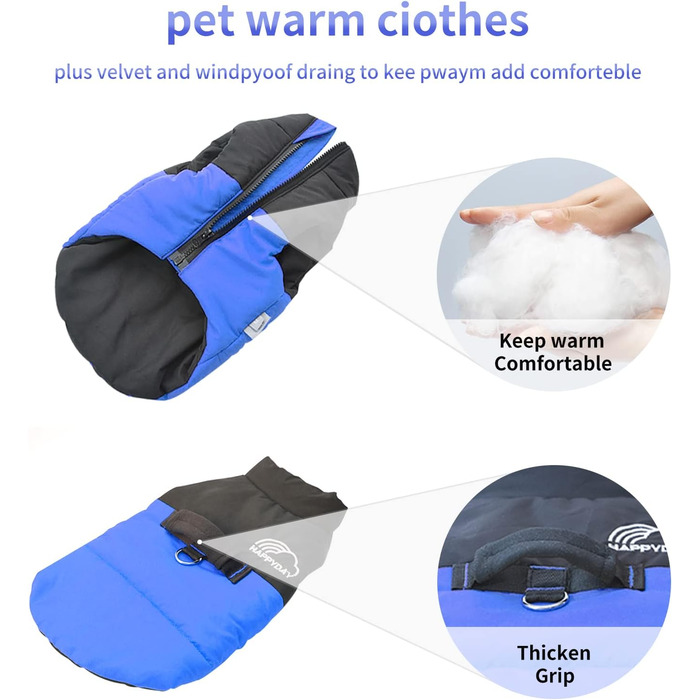 PETCUTE Зимовий теплий нашийник для собак, водонепроникний, для малих, середніх та великих собак, з отвором для повідка, ідеальний для зими, осені, весни (L, блакитний)
