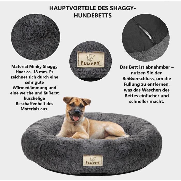 Кругле ліжко для собак King Dog, 80 см, м'яке, з плюшевим покриттям, знімний внутрішній подушок, антиковзаюча підкладка, можна прати, колір: пісковий