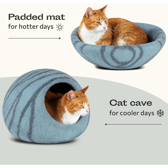 Кішечка ліжко Meowfia з 100% мериносової вовни – ручне валяння, екологічне ліжко для котів та кошенят, м'яке, тепле взимку та прохолодне влітку, стильний дизайн аквамарин блакитний L