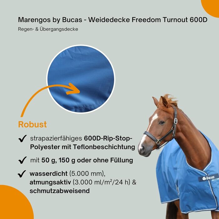 Водонепроникна попона для коней Marengos by Bucas Freedom Turnout 600D з підкладкою та перехресними ременями, Navy/Beige, 135 см (наповнювач 150 г/м²)