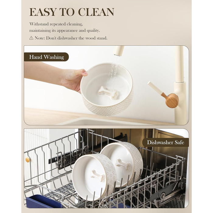 Набір мисок для собак Malacasa з підставкою з горіхового дерева, 3.5 чашок кераміки, миски для кормів та води для цуценят та собак, з антиковзним дном, підходить для собак та котів. В комплекті: п'ятилистове трав'яне добриво + стільнички.