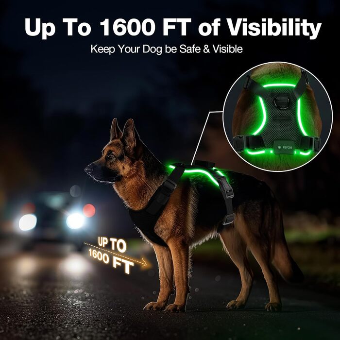 Світловідбиваючий нашийник для собак великих порід Feycig з LED підсвічуванням, акумуляторний, регульований, 3 режими освітлення, висока видимість (Чорний, Large)