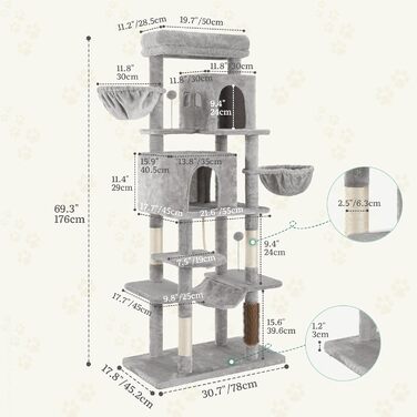 Котячий комплекс YITAHOME для великих котів з дряпалкою, будиночком та платформами, сірий, 157 см