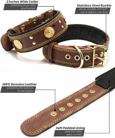 Шкіряний нашийник для собак, 5 см, ручної роботи, преміум якість, для великих та середніх порід, M (53.5-63 см, золотисто-коричневий)