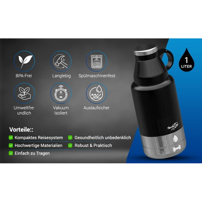 Турбунок для собак ThermoTom: пляшка для води, миска та сумка для прогулянок • 1 л, чорний