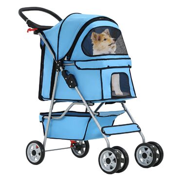 Візок для собак та котів, складний, блакитний, до 15 кг, з кошиком та килимком