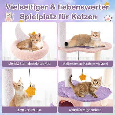 Кігтеточка для котів COSTWAY з будиночком, гамаком та іграшками, фіолетово-рожева (59x49x140 см)