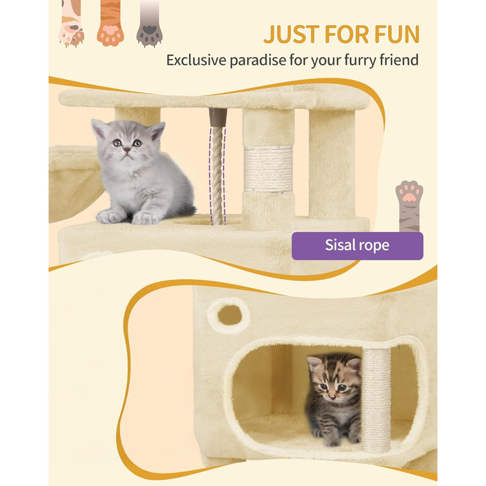 Драбина-кіготь для котів Hzuaneri, 159 см, 8 стовпчиків, 3 платформи, 2 печери, кошик, м'ячики, мотузка, підходить для котів різних розмірів, бежевий MS15918YL L (50 x 40 x 159 см)