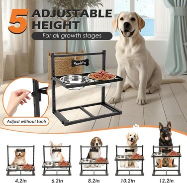 Підвищені годівниці для собак з повільним годуванням, 5 рівнів регулювання, антиковзкий, міцний металевий каркас, непромокальний килимок, стійкі до іржі миски, легко миються, висота: 42 см (для великих собак, сірий)