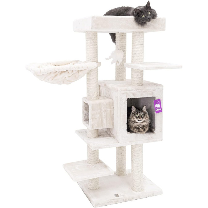 Когтеточка для котів Petrebels Cleopatra 134 см, преміум, XL лежанка, котяча будка, стовпи Ø9 см, бежевий/кремовий