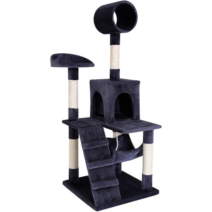 Дерево для котів Lionto з гамаком та тунелем, 133 см, з сизалевого мотузка та м'якого плюшу, зручні лежанки та печери, підходить для котів будь-якого розміру, темно-сірий