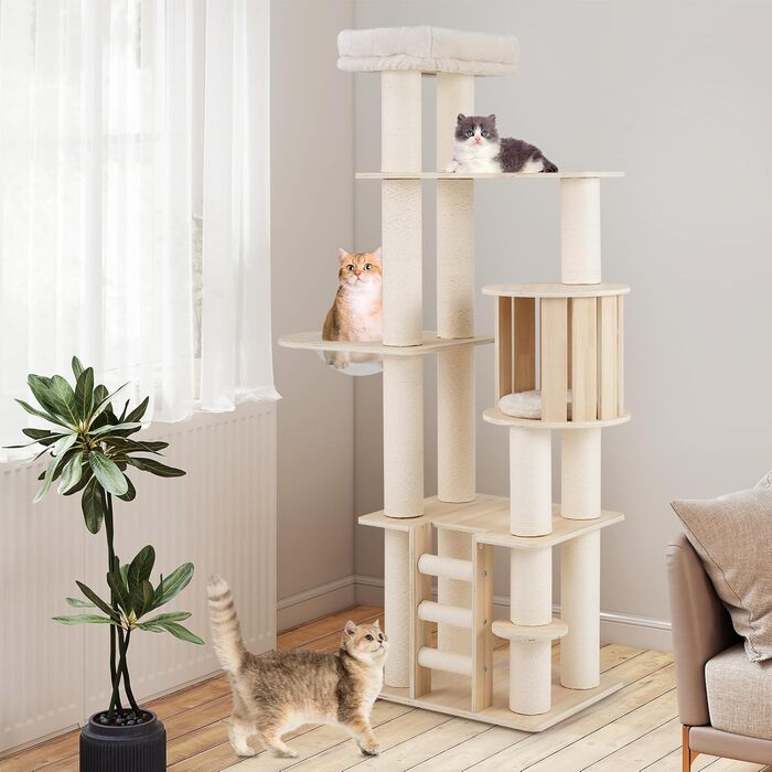 Дерев'яний кігтечка для котів COSTWAY 6-ярусний, 185 см: кігтеточка, будиночок, сходинки, платформа