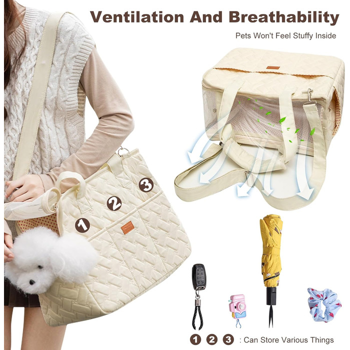 PETCUTE Сумка-переноска для собак та котів, дихаюча переноска для маленьких собак до 6 кг, сумка-переноска на плече з кишенями, переноска для собак з знімним килимком, M, Бежевий