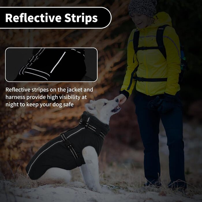 Зимовий одяг для собак Lelepet: теплий, вільний від вітру, з інтегрованим шлейкою, з флісовою підкладкою, світловідбиваючий, чорний, 3XL