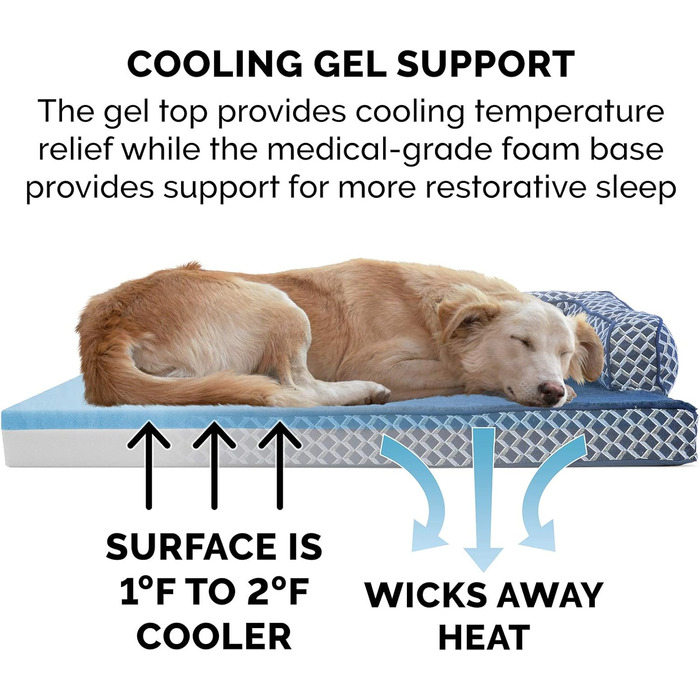 FurHaven Лежанка для собак та котів, плюш та декор, зручна, стилізу під диван, з охолоджуючим гелевим шаром, знімний чохол, блакитний діамант, розмір M (135 x 102 x 27 см)