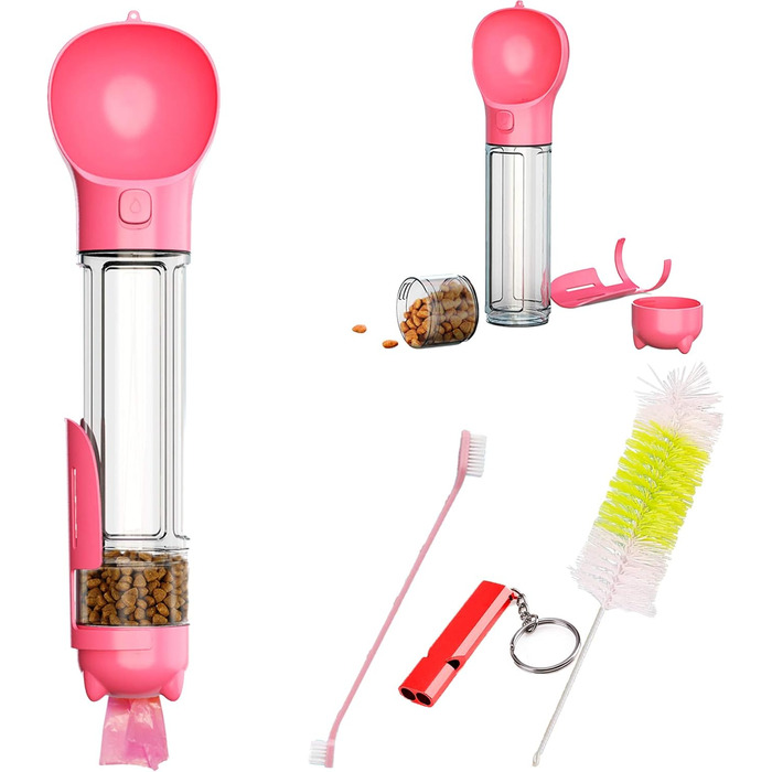 Водяна пляшка для собак SukaJia 4-в-1 з мискою, свистком та щіткою (500 мл, Рожевий)