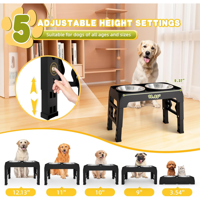 Підвищені годівниці для собак, 5 положень по висоті, підставка для собак з 2 мисками з нержавіючої сталі, неслизька, регулюється на 9, 22,9, 25,4, 27,9, 30,8 см, для середніх та великих собак