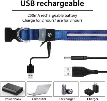 Світлодіодне нашийник для собак Masbri з підзарядкою, водонепроникний, з 3 режимами світіння, безпечний, для великих собак, (L, Синій)