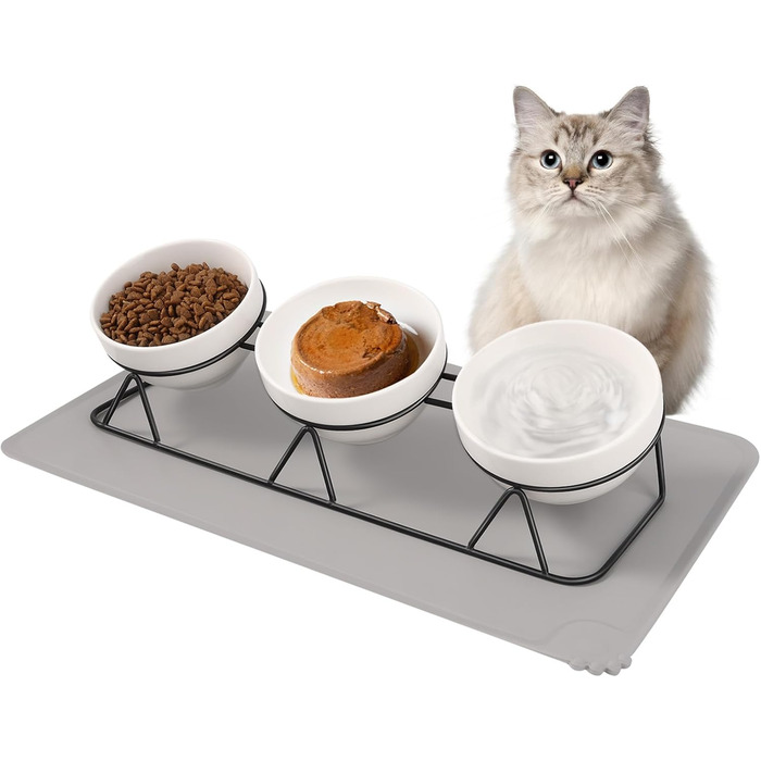 Набір мисок для котів Vikcvcs (3 шт.) з підставкою, кераміка, силікон, 15° нахил, ергономічні, для котів та маленьких собак