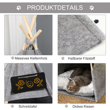 PawHut Pet Tent Cat House & Dog Tent з м'якою подушкою з плюшу та фетру, можна прати в пральній машині, сірий 58x58x80 см