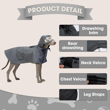 Водонепроникний дощовик для собак Regenantel з капюшоном, світловідбиваючі елементи, регульований, куртка для собак з петлями для ніг та отвором для повідка, для малих, середніх та великих собак (M, сірий)