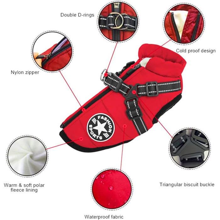 Водонепроникна куртка для собак середнього розміру на зиму. Тепла, з підкладкою, з грудним ременем, світловідбиваюча, без рукавів, з шлейкою, червона M