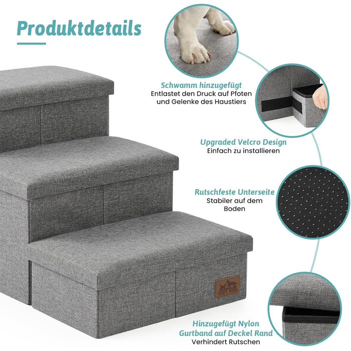 Сходинки для собак маленьких порід зі зберіганням, широкі, складані для ліжка та дивану, з неслизьким покриттям, вологостійкі (сірий, 43x97x56см, 4)