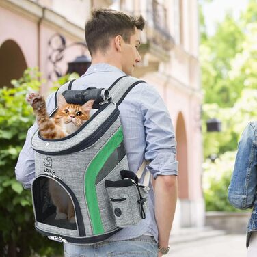 PETCUTE Рюкзак для собак та котів, дихаючий, з внутрішнім ременем безпеки, регульований, з бічними кишенями, для подорожей, прогулянок, зеленого кольору