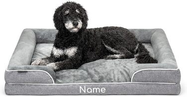 Ортопедичне ліжко для собак Lionto з піднятим бортиком, 89x63x17 см, міцне лежання з м'якого фланелі, знімний та пральний чохол, неслизьке, для маленьких та великих собак та котів, сіре (з нанесенням імені)