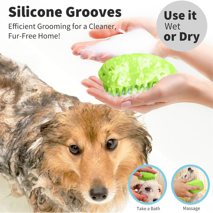 PETCUTE Щітка для собак та котів, гумова масажна щітка з м'яких силіконових щетинок, для грумінгу, видалення шерсті, миється, неслизька (зелена)