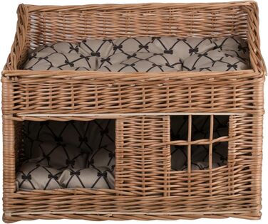 Двоярусна котяча хатинка з плетіння з лози, котячий кошик, хатинка для котів з подушкою та вікном (бежевий, натуральний)