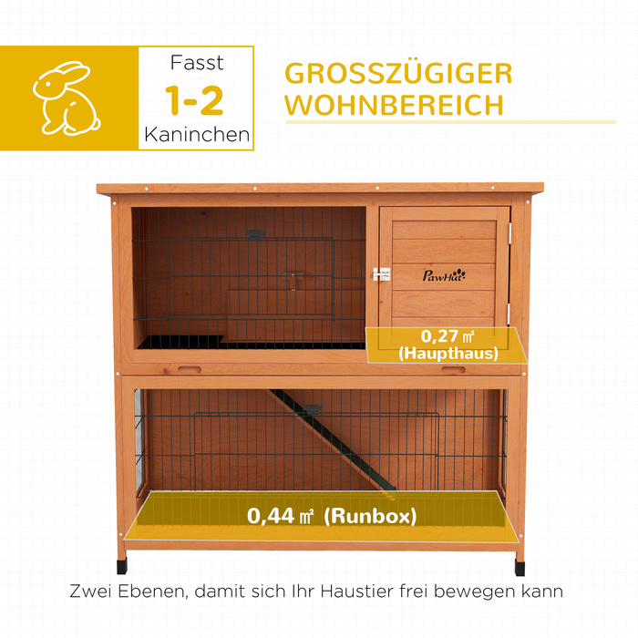 PawHut Wood Rabbit Hutch 2-поверхова будиночок для дрібних тварин з піддонами та пандусом, відкритий вольєр, асфальтовий дах для 2 кроликів Помаранчевий