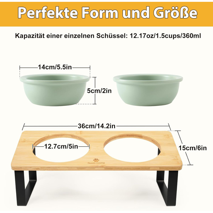 Набір мисок для котів GUUSII HOME (2 шт.) з кераміки, 360 мл, зелені, 14 см