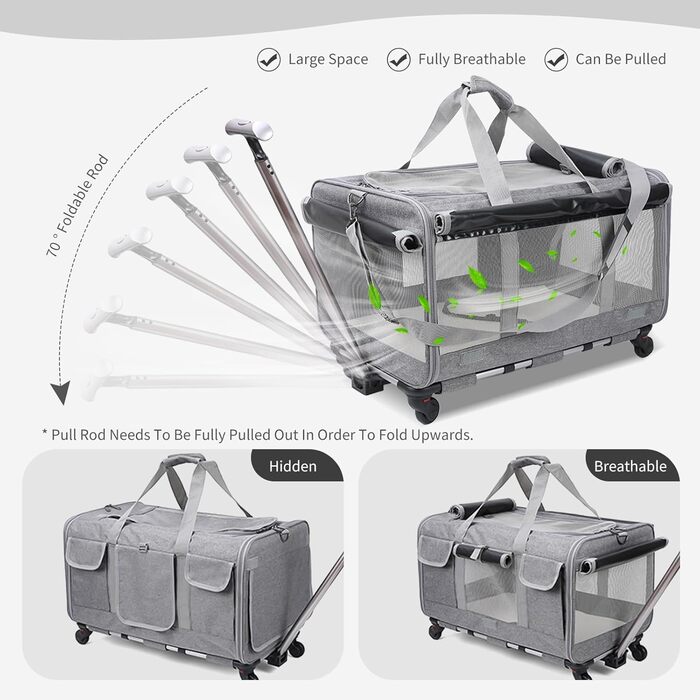Транспортна сумка для котів PETCUTE з колесами, дихаюча переноска для 2 котів, складана переноска для собак з телескопічною ручкою, знімний килимок, ідеальна для подорожей, темно-сіра