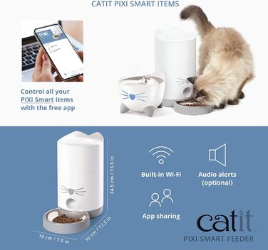 Автоматичний кормушка для котів Catit Pixi Smart, керування через додаток, об'єм 1,2 кг, білий/сірий