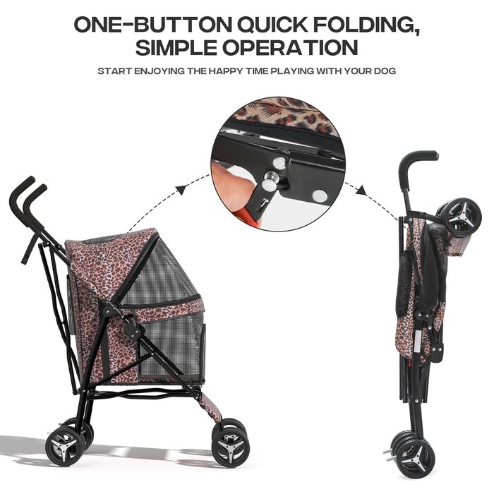 Візок для собак маленьких порід, 4,5-10 кг, візок для цуценят, візок для середніх собак, візок для котів, візок для 2 котів, з багажником, леопардовий принт